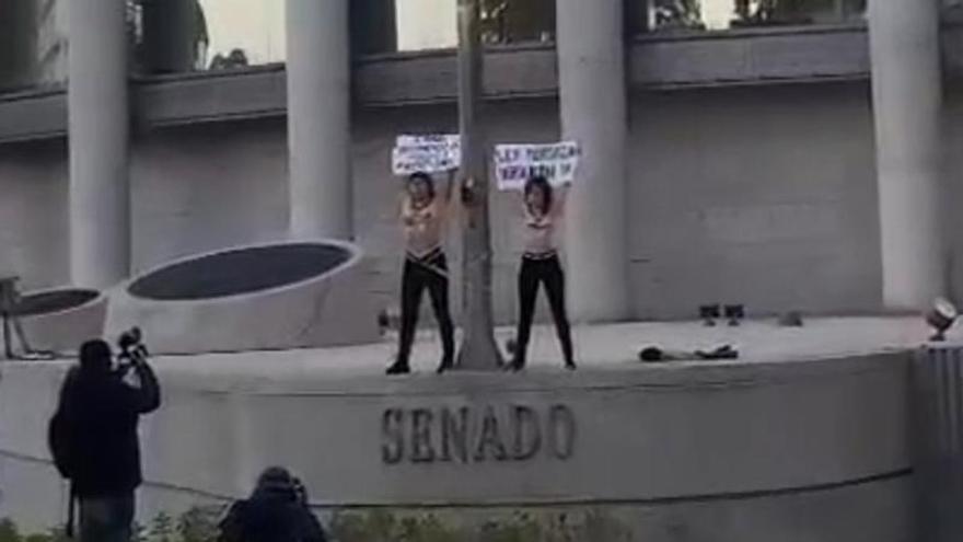 Las activistas de Femen encadenadas ante el Senado.