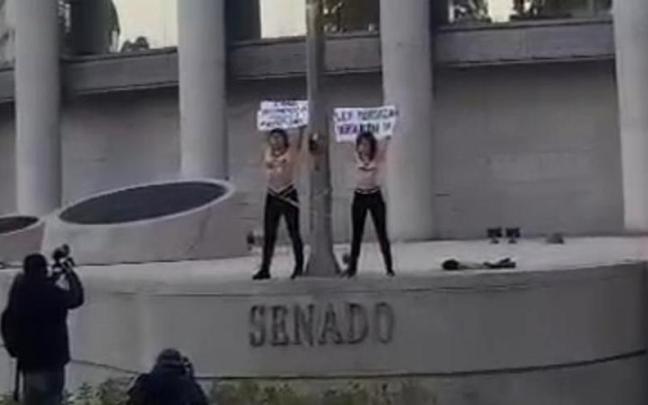 Las activistas de Femen encadenadas ante el Senado. Las activistas de Femen encadenadas ante el Senado.