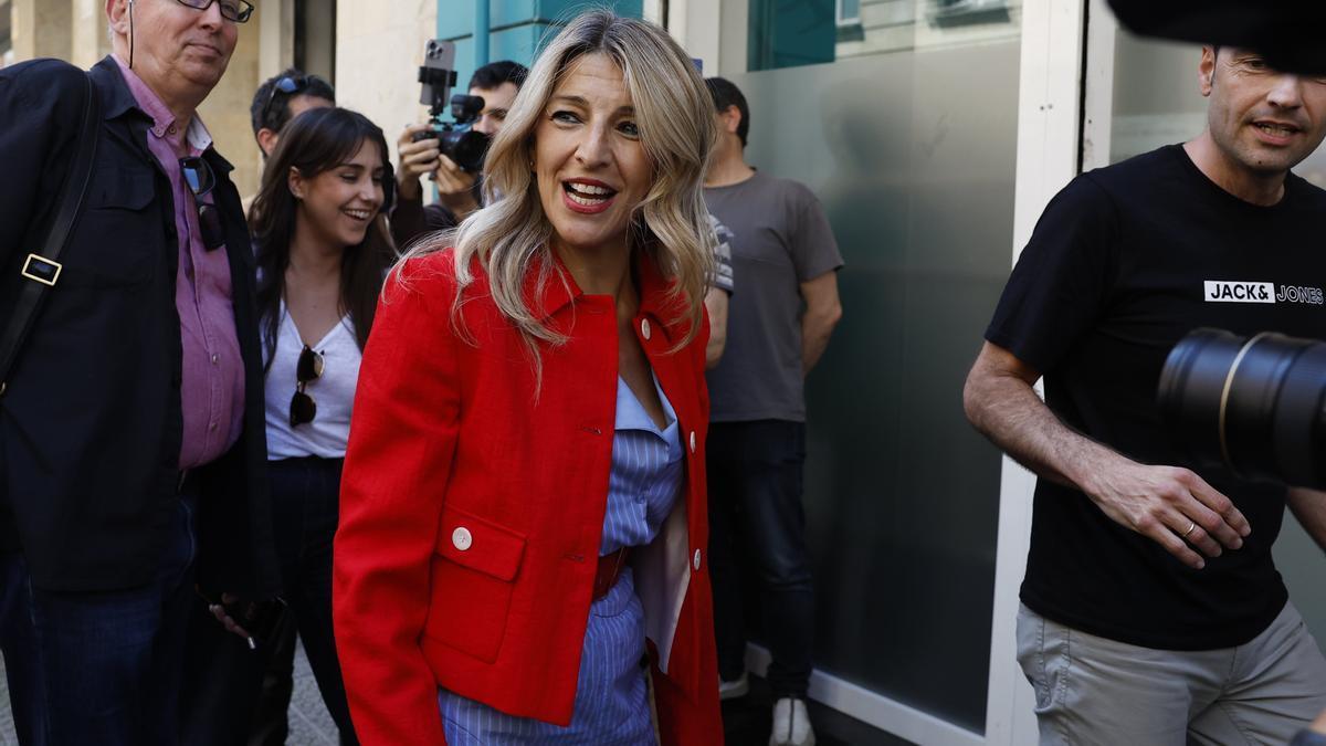Yolanda Díaz, a su llega a la reunión con ELA el jueves.