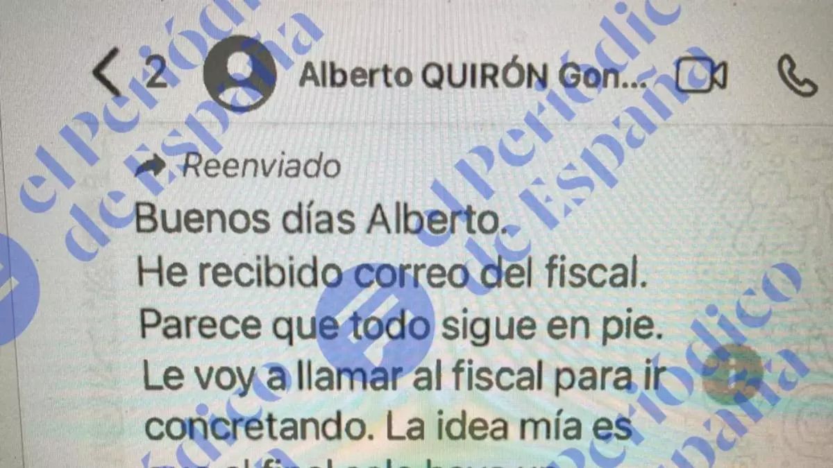 Pantallazo del mensaje de Alberto González Amador reenviado a Miguel Ángel Rodríguez cedido por El Periódico de España.