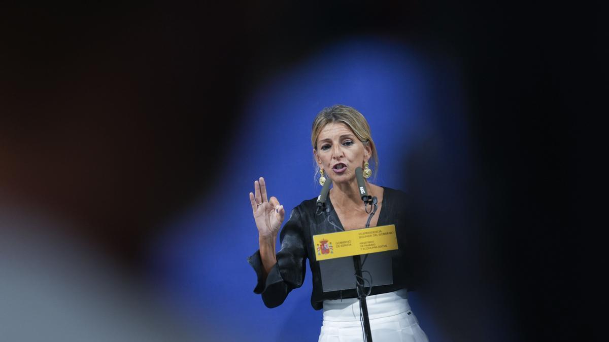 La ministra Yolanda Díaz durante una rueda de prensa ofrecida esta semana.