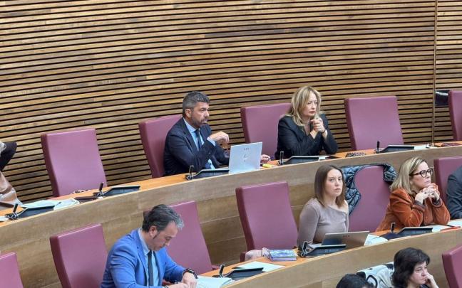 Mazón sentado en su escaño en la última fila de Les Corts