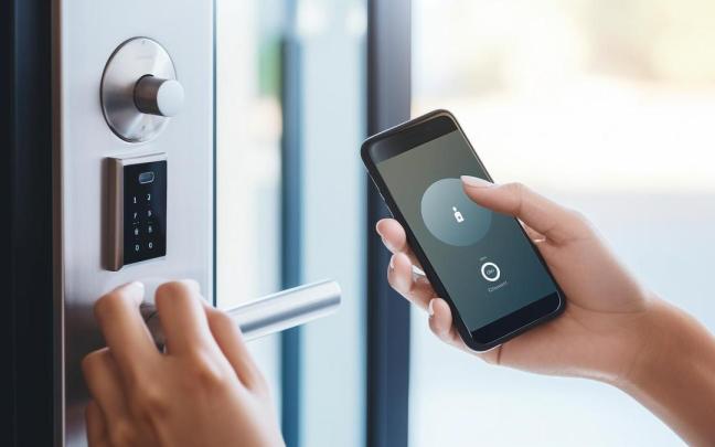 Una persona desbloquea la cerradura inteligente de una puerta con su móvil. / Freepik Una persona desbloquea la cerradura inteligente de una puerta con su móvil.