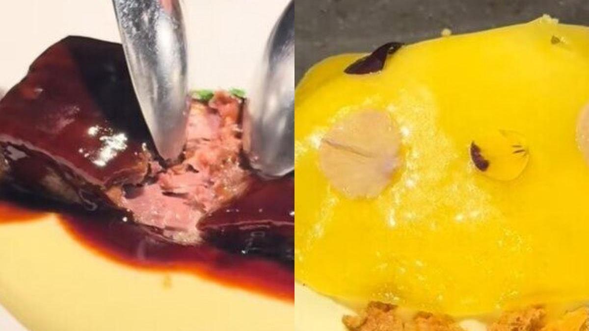 Plato de carne y reinterpretación del clásico postre vasco, goxua.