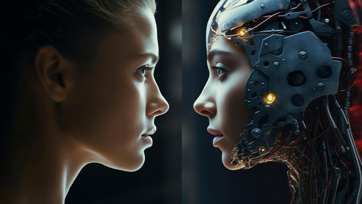 Una mujer y un robot con aspecto humano, frente a frente.