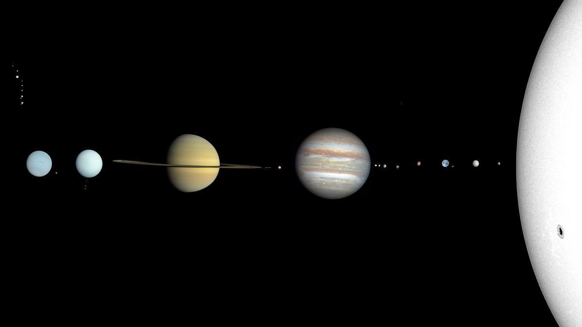 Recreación visual del Sietema Solar con el Sol a la derecha, los planetas (de dcha a izda) Mercurio, Venus Tierra, Marte, Júpiter, Saturno, Urano y Neptuno, sus respectivas lunas, los planetas enanos y otros cuerpos celestes.