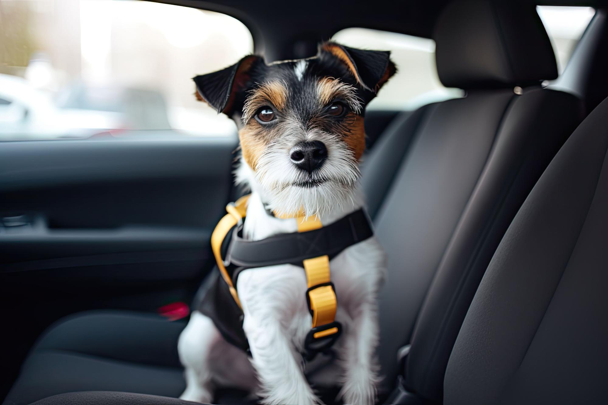 Un jack russell permanece sujeto con un arnés al asiento de atrás del coche.
