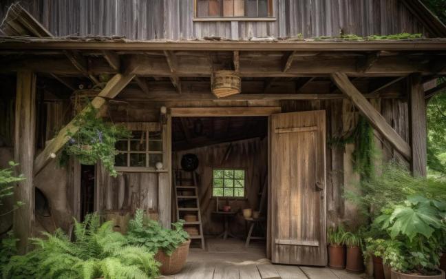 Un granero construido en el campo con la puerta abierta.