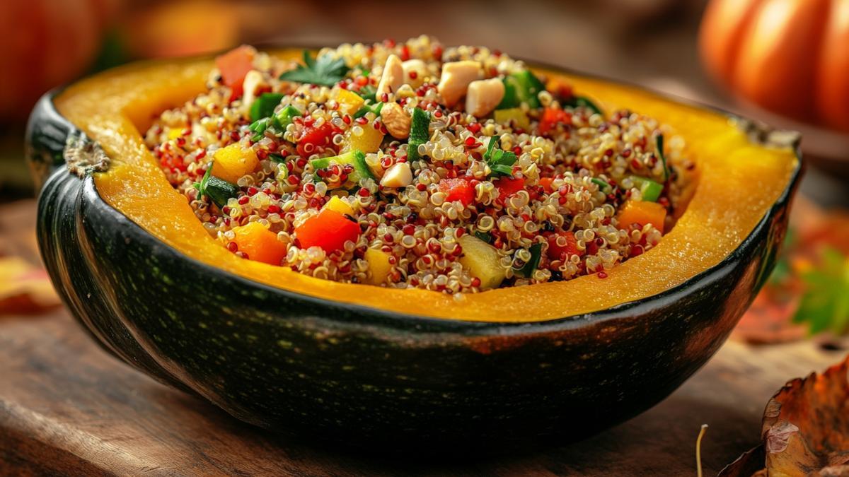Calabaza bellota rellena de manzana, quinoa y frutos secos.