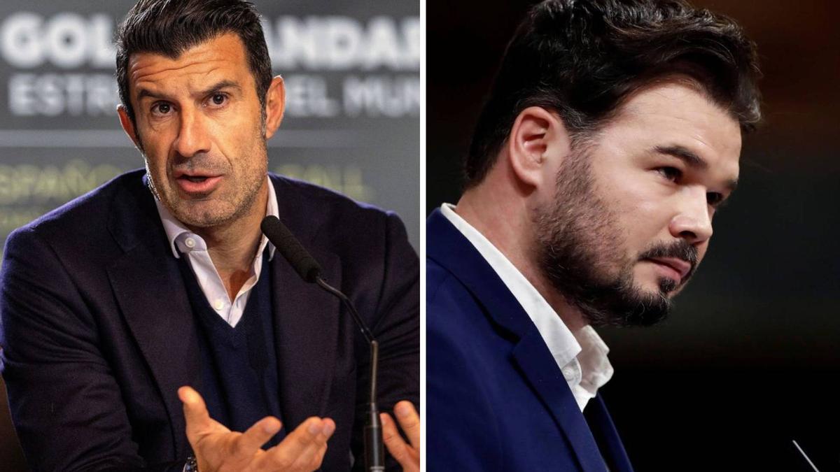 Luis Figo, exjugador de Barcelona y Real Madrid, y Gabriel Rufián, portavoz de ERC en el Congreso