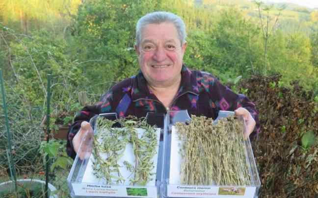 Fermín Goenaga, con dos clases de hierbas medicinales.