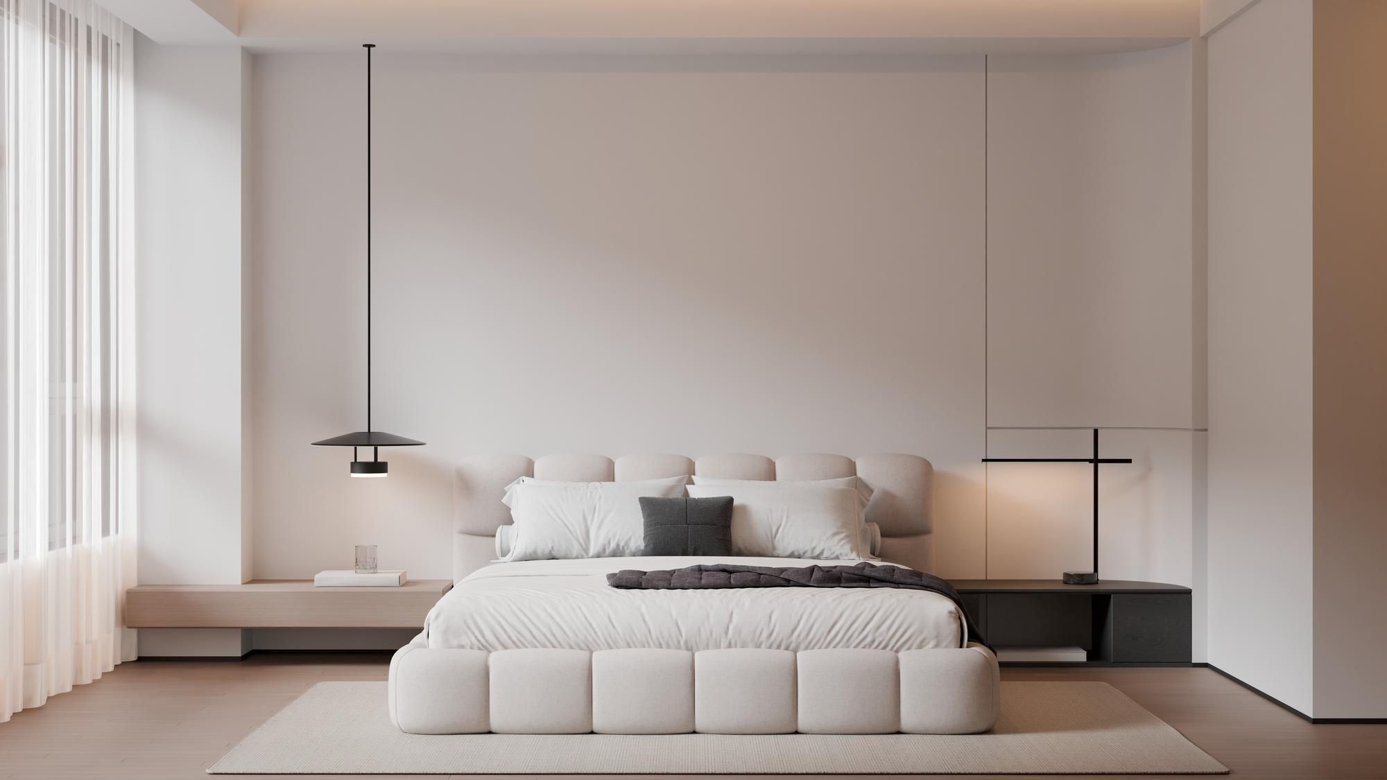 Dormitorio minimalista perfectamente ordenado.