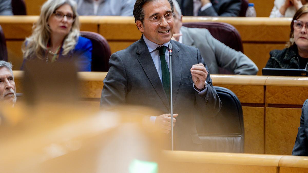 El ministro de Asuntos Exteriores, José Manuel Albares, interviene durante una sesión de control al Gobierno en el Senado.