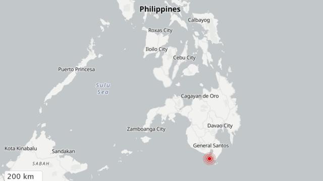 Ubicación aproximada en la cual ha tendio lugar el terremoto, en el sur de Filipinas.