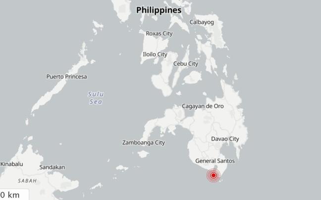 Ubicación aproximada en la cual ha tendio lugar el terremoto, en el sur de Filipinas.