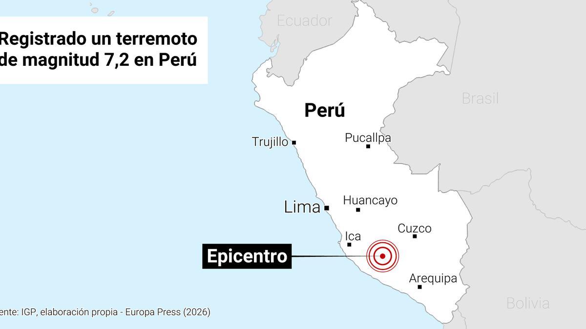 El Instituto Geofísico de Perú (IGP) ha informado este jueves de que se ha registrado un terremoto de magnitud 7,2 en la escala de Richter con su epicentro a 35 kilómetros al norte de Coracora
