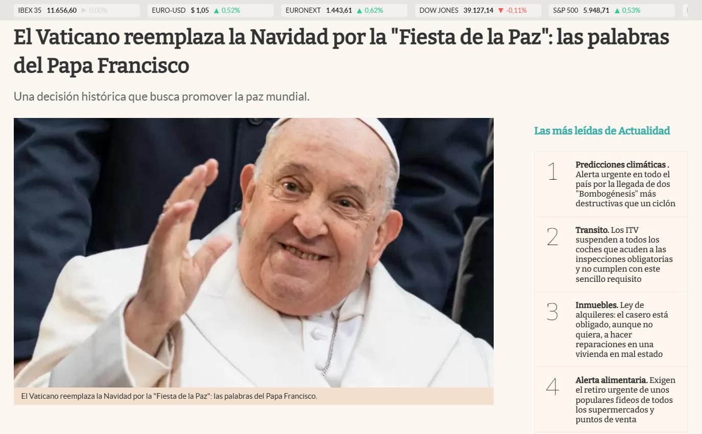 Publicación que dice que el papa cambia la Navidad por una “Fiesta de la Paz”.