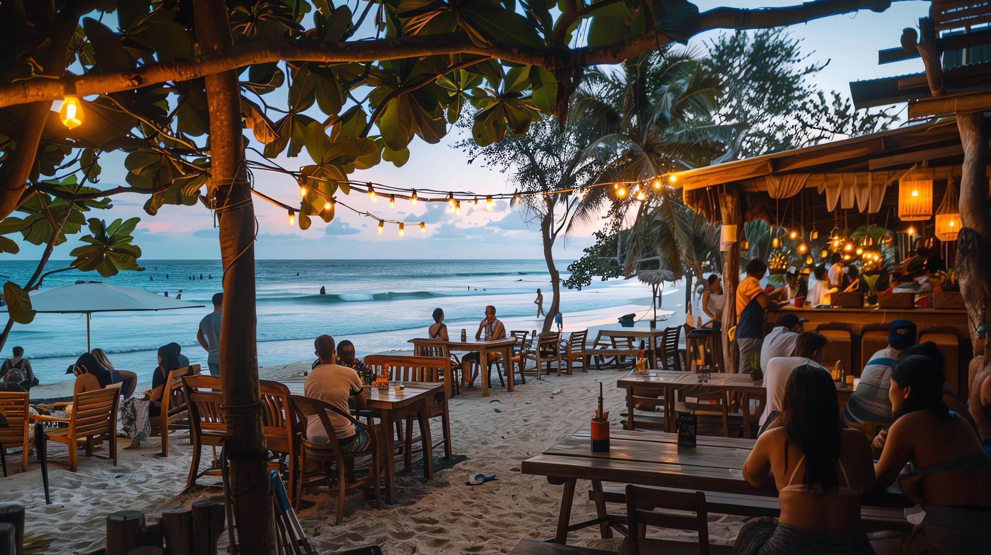 Turistas cenan en un chiringuito en primera línea de mar.
