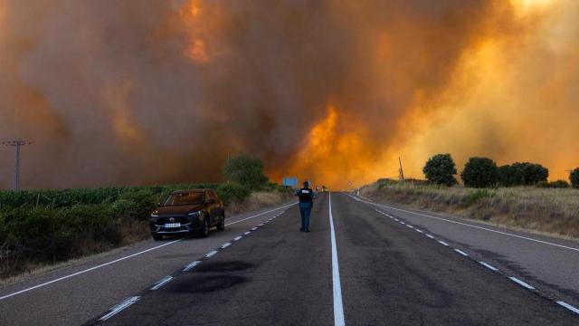 Llamas y humo procedentes de un incendio forestal en Fermoselle, Zamora.