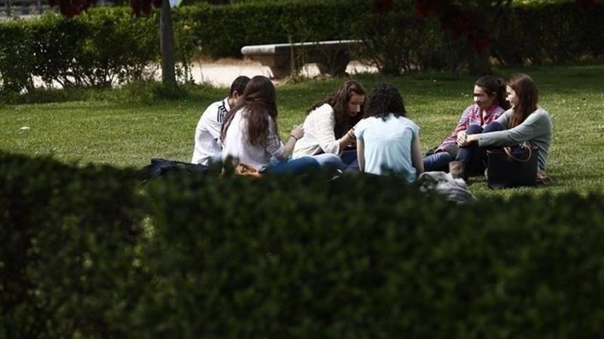 Un grupo de jóvenes charlando en un parque.