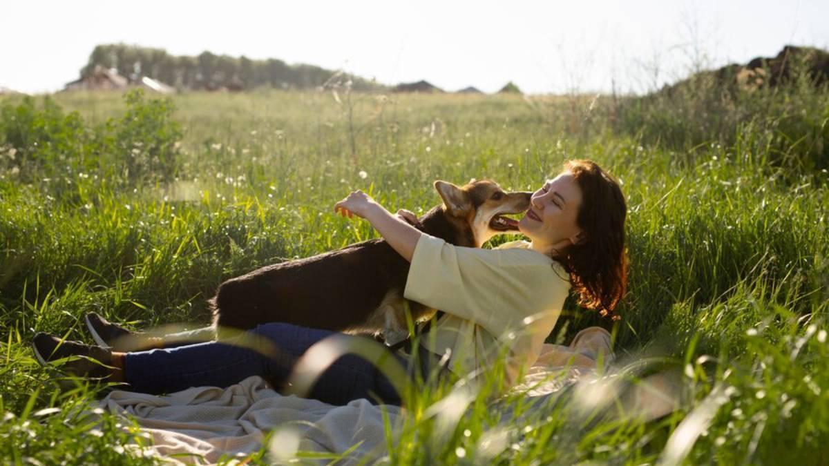 Chica disfruta de tiempo con su perro al aire libre
