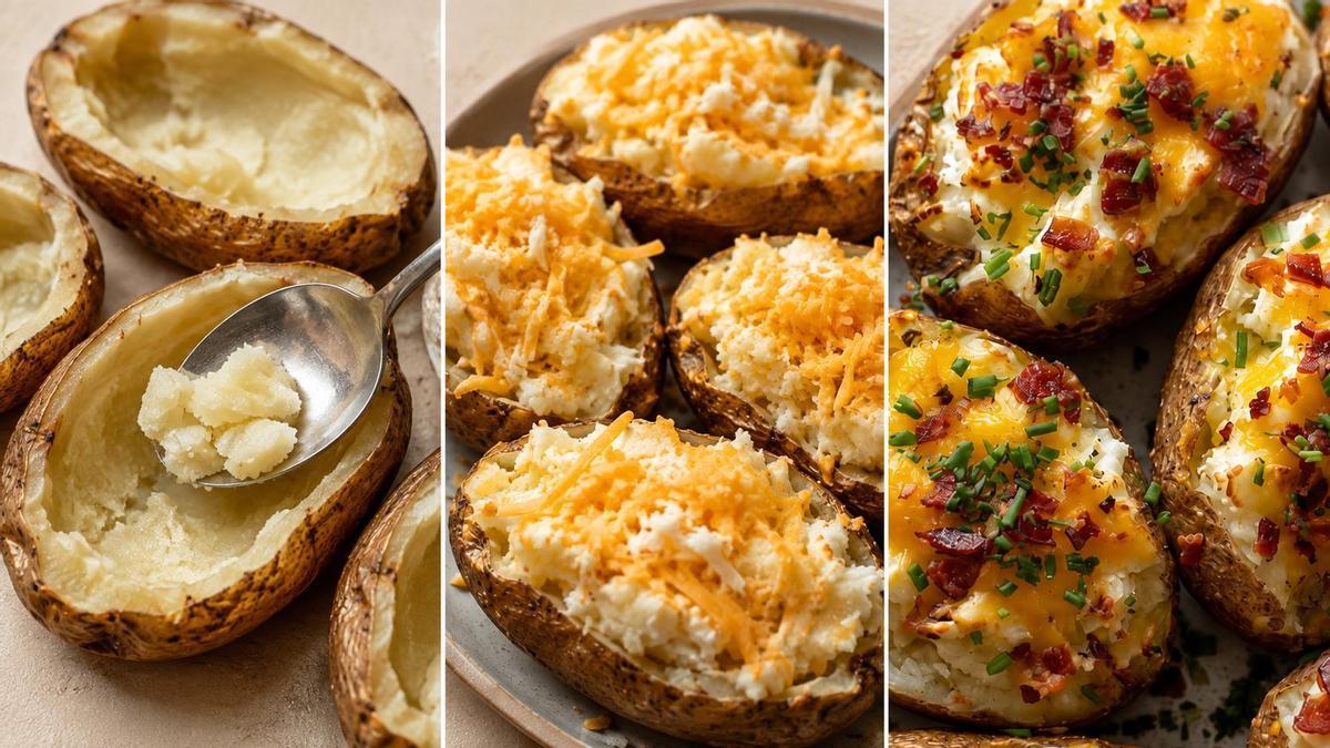 Patatas rellenas de queso fundido y coronadas con crujientes virutas de bacon y cebollino.