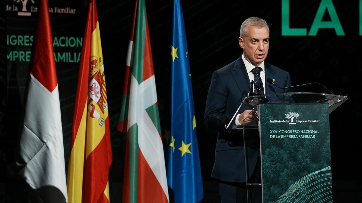 El lehendakari, Iñigo Urkullu, durante la inauguración oficial del XXVI Congreso Nacional de la Empresa en el Palacio Euskalduna de Bilbao