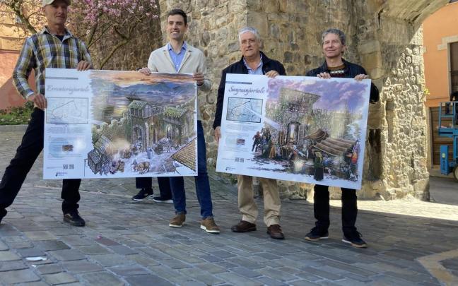 El dibujante Rober Garay, el alcalde Aritz Abaroa, el historiador Bittor Uriarte y el divulgador Asier Romero Andonegi con dos de los paneles a colocar.