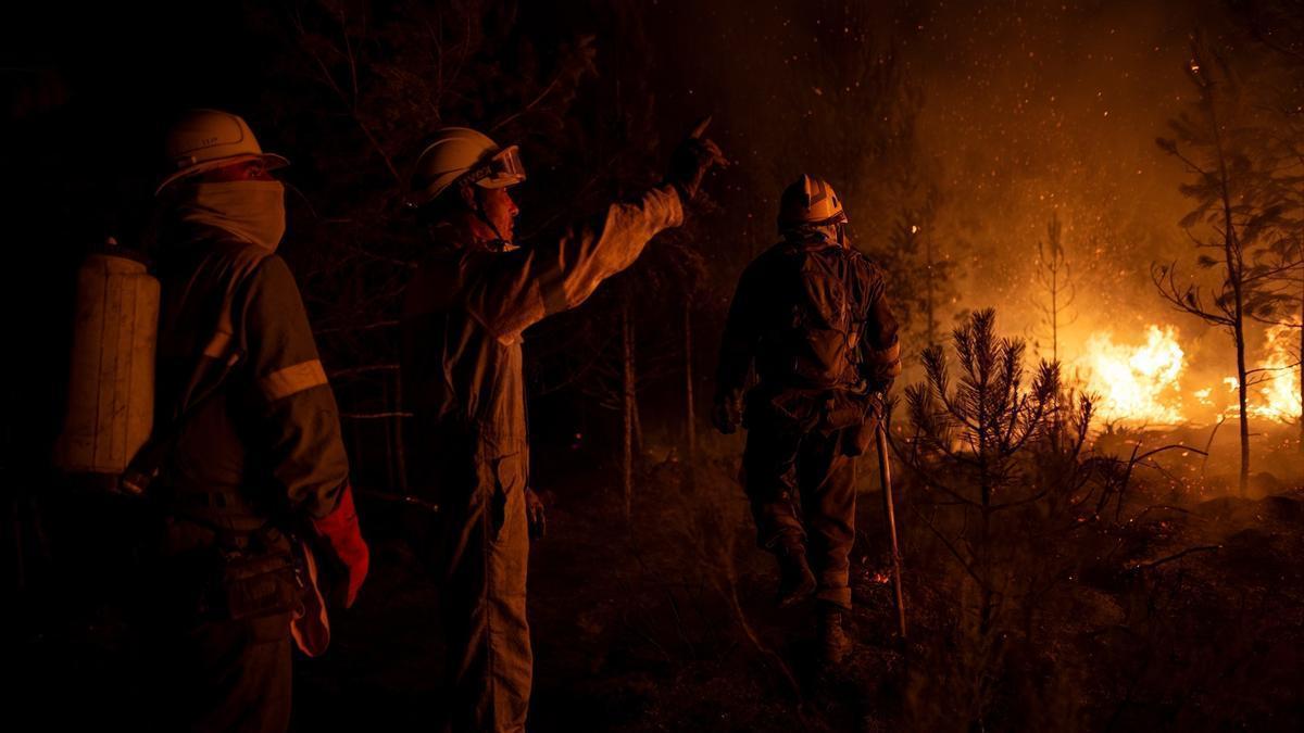 Un grupo de bomberos forestales trabaja en la extinción de un incendio en León.