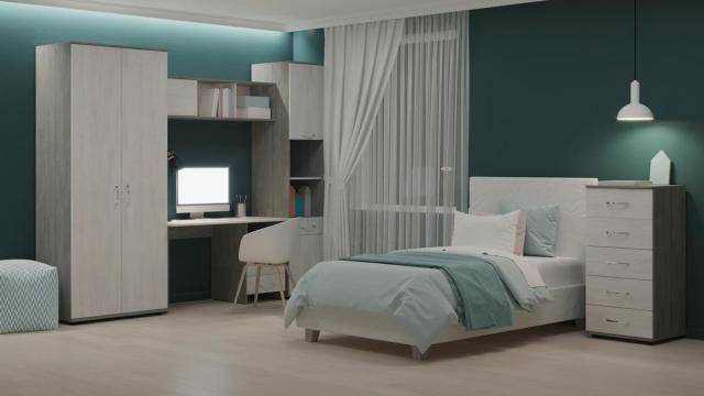 Acogedor dormitorio juvenil en tonos beiges y verdes.