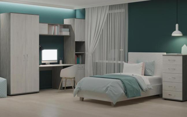 Acogedor dormitorio juvenil en tonos beiges y verdes.