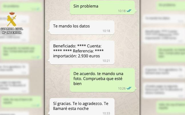 Conversación de 'whatsapp' de una víctima de la 'estafa del amor' / Guardia Civil Conversación de 'whatsapp' de una víctima de la 'estafa del amor'