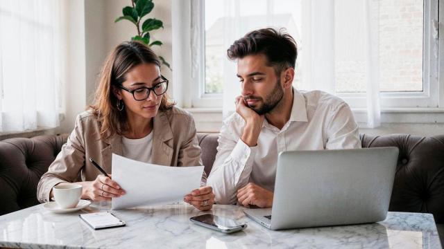 Los dos miembros de una pareja revisan juntos un presupuesto.