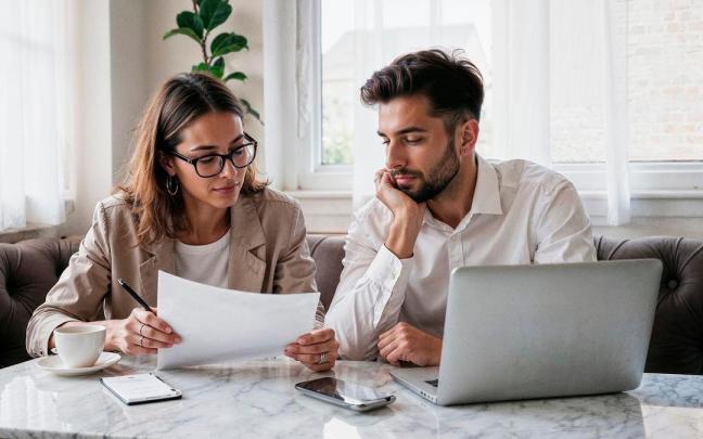 Los dos miembros de una pareja revisan juntos un presupuesto.