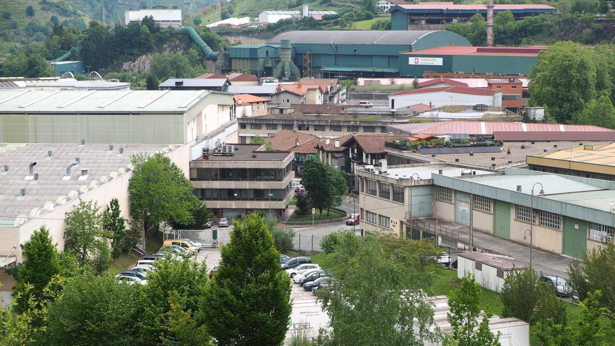 Visto del poligono Landeta, caracterizado por la convivencia de edificios industriales, viviendas y pabellones cerrados.