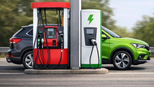 Una estación de servicio con un punto de recarga para coches eléctricos.