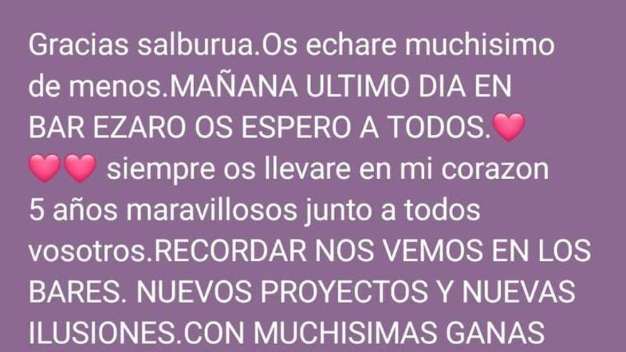 Con el siguiente mensaje a través de whatsapp, la dueña del Ezaro ha querido dar las gracias
