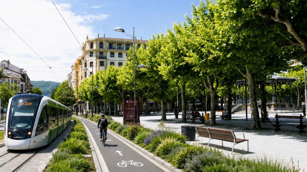 El Paseo Colón de Irun con un tranvía ficticio