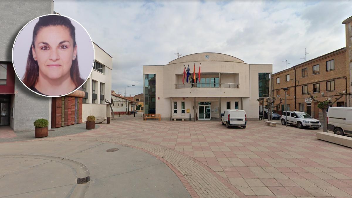 Vista del Ayuntamiento de la localidad navarra de Sartaguda. Arriba, a la izquierda, la alcaldesa Beatriz Santos. 