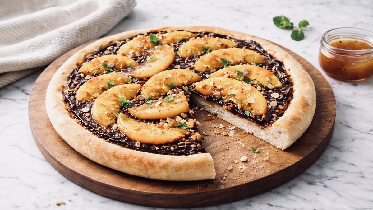 Pizza dulce, con cacao y melocotón.