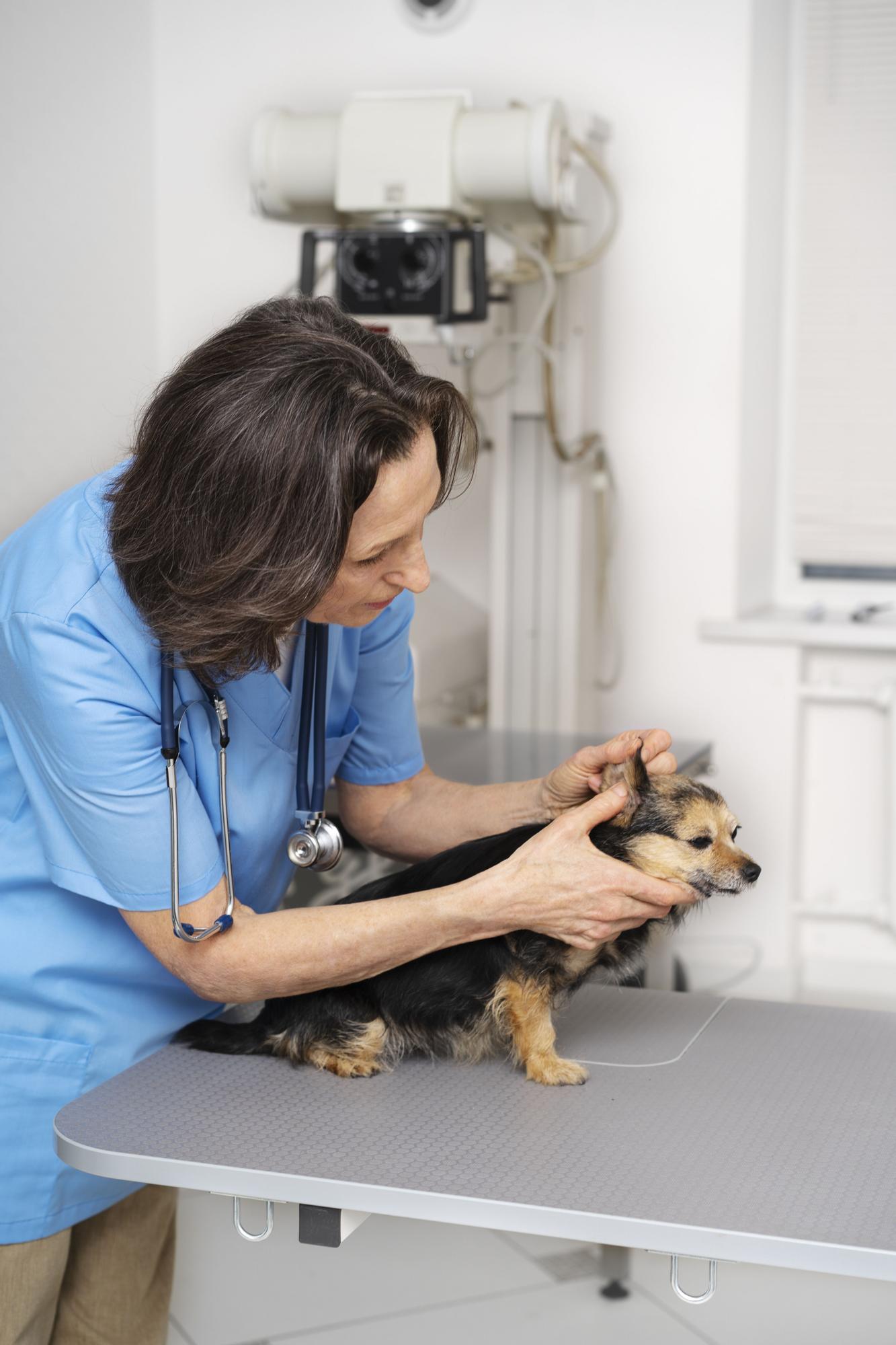 Un perro siendo atendido por una veterinaria.