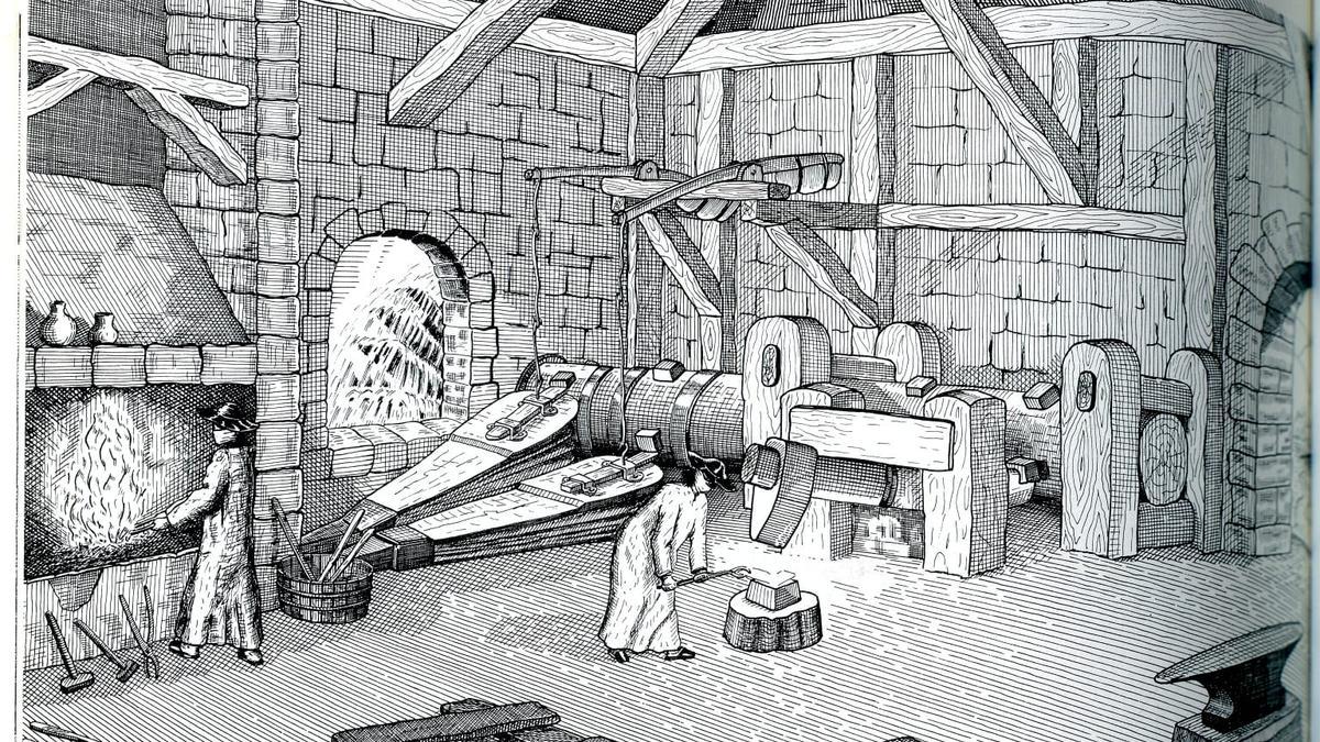 Ilustración entre fuelles, barquines y forja.