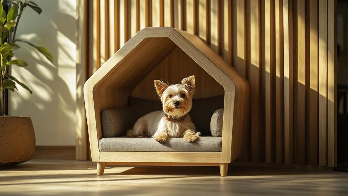 Perro pequeño en su caseta en un rincón tranquilo de la casa.