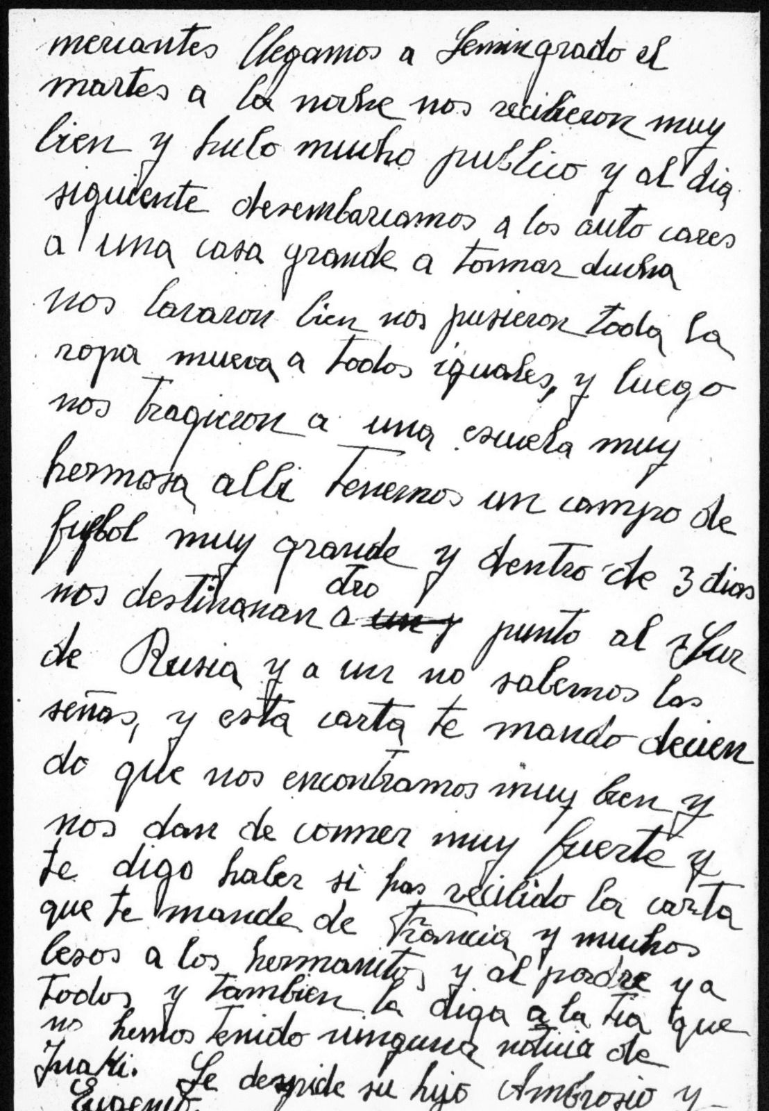 Carta que Ambrosio y su hermano Eugenio escribieron a su padres al llegar a Leningrado.