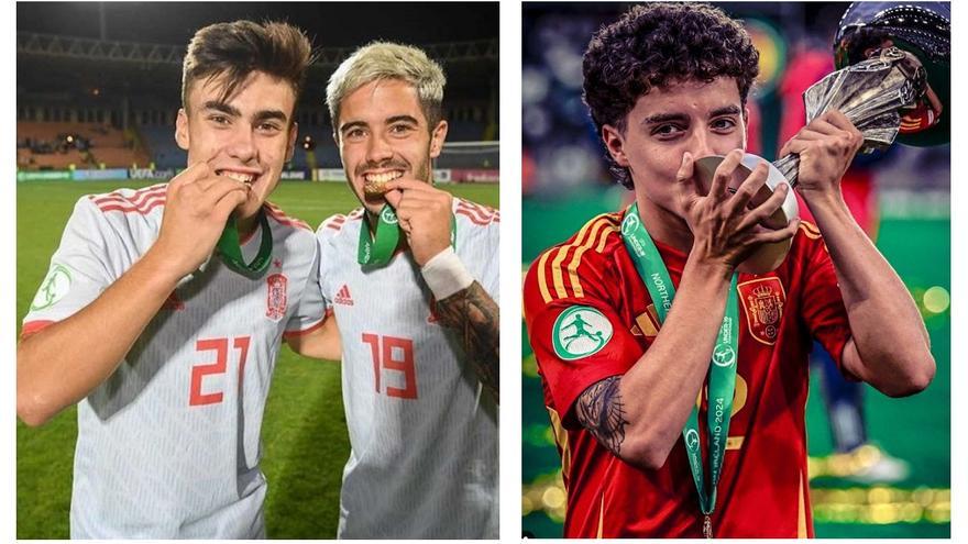 Barrenetxea (con su compañero Álvaro Sanz) y Dani Díaz, tras proclamarse campeones de Europa sub-19 en 2019 y 2024 respectivamente. / N.G.