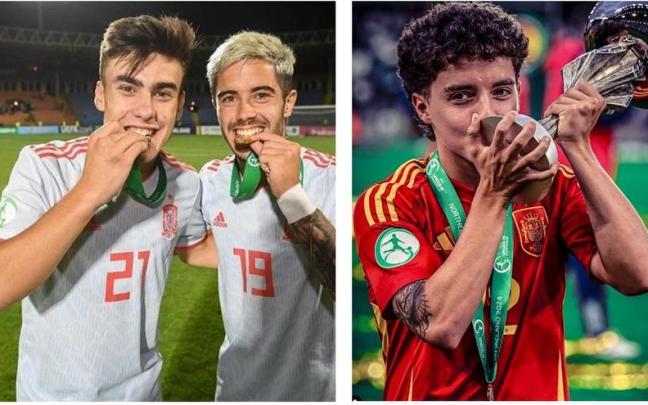 Barrenetxea (con su compañero Álvaro Sanz) y Dani Díaz, tras proclamarse campeones de Europa sub-19 en 2019 y 2024 respectivamente. / N.G.