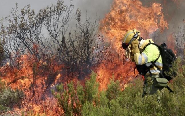 Un gran lengua de fuego procedente del Incendio forestal que afecta a Puercas, Zamora, en la Sierra de la Culebra. | EFE