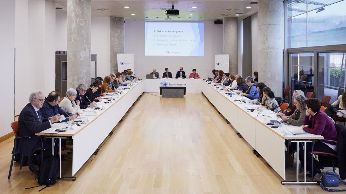 La Mesa del Pacto Vasco de Salud, presidida por el consejero Alberto Martínez, durante su cuarta reunión.