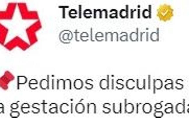 El tuit con el que Telemadrid ha pedido disculpas. El tuit con el que Telemadrid ha pedido disculpas.