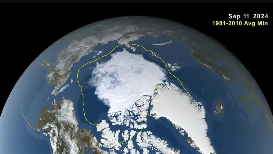 Esta imagen, tomada de una visualización de datos, muestra la extensión mínima del hielo marino del Ártico el 11 de septiembre de 2024. El límite amarillo muestra la extensión mínima promediada durante el período de